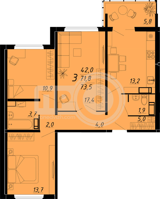 3-комнатная квартира, 73.5кв.м