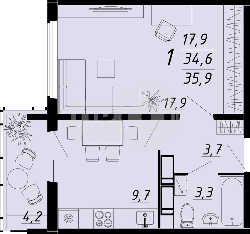 1-комнатная квартира, 36.6кв.м