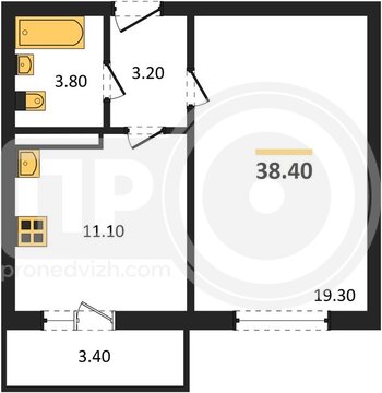 Миниатюра 1-комнатная квартира, 38.4кв.м