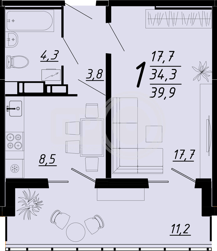 1-комнатная квартира, 39.9кв.м