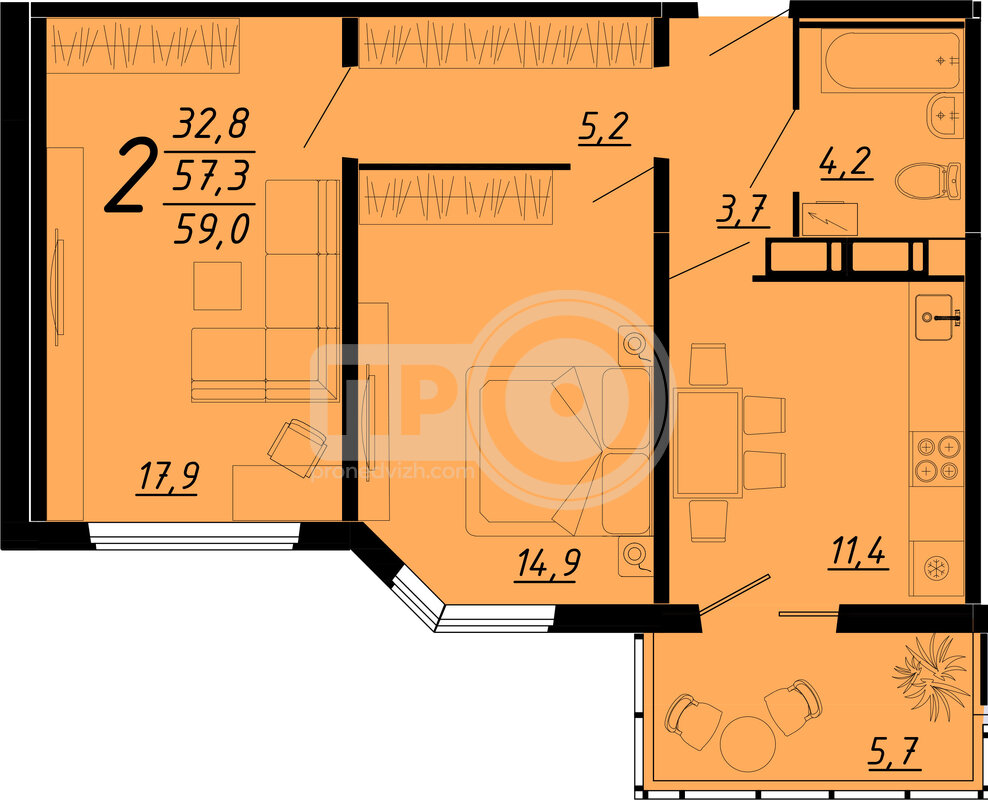 2-комнатная квартира, 59кв.м