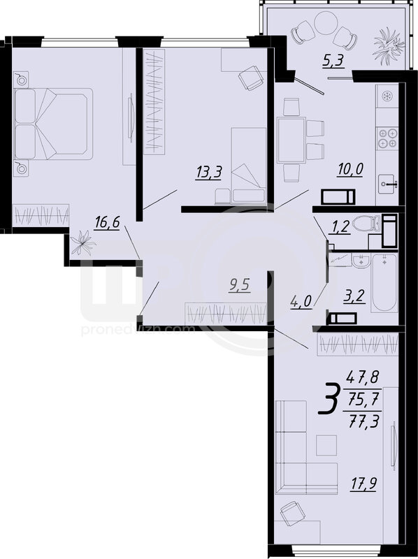 3-комнатная квартира, 77.3кв.м