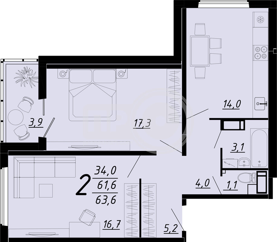 2-комнатная квартира, 63.4кв.м