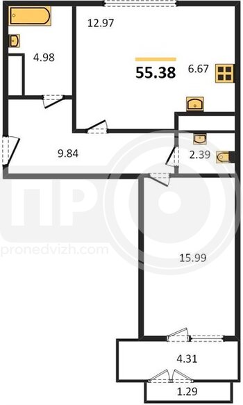 Миниатюра 1-комнатная квартира, 55.38кв.м