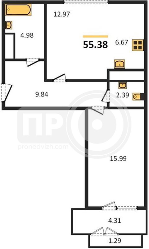 1-комнатная квартира, 55.38кв.м