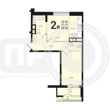 Миниатюра 2-комнатная квартира, 55.38кв.м