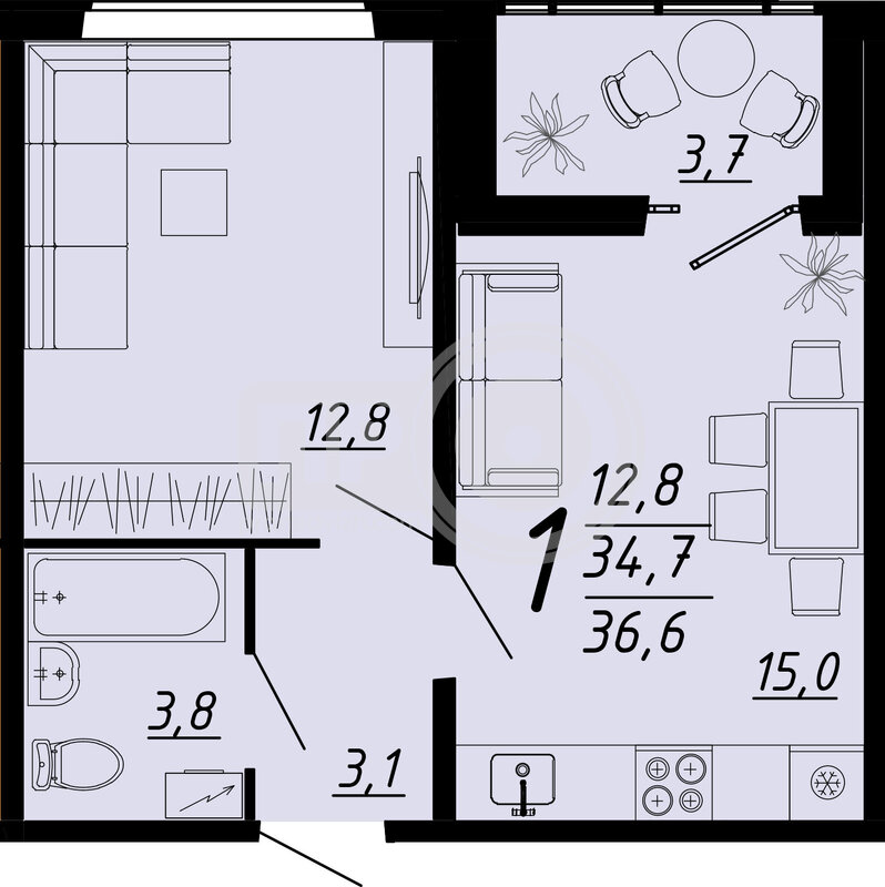 1-комнатная квартира, 36.9кв.м