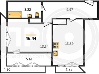 Миниатюра 1-комнатная квартира, 46.44кв.м