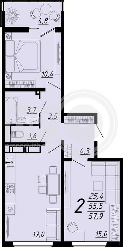 2-комнатная квартира, 57.9кв.м