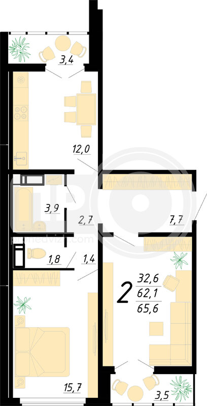 2-комнатная квартира, 65.5кв.м
