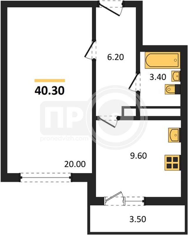 1-комнатная квартира, 40.3кв.м