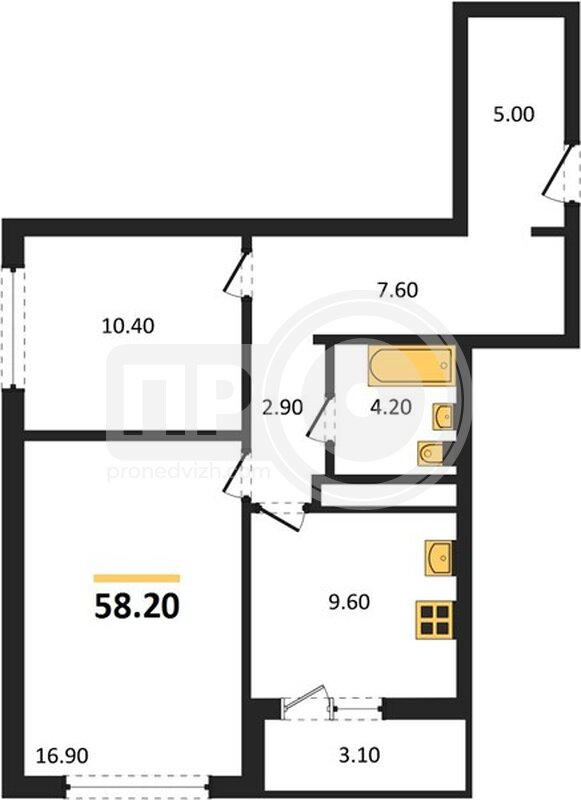 2-комнатная квартира, 58.2кв.м