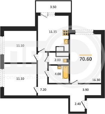 Миниатюра 3-комнатная квартира, 70.5кв.м
