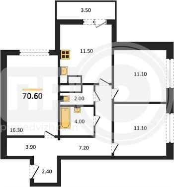 Миниатюра 3-комнатная квартира, 70.4кв.м