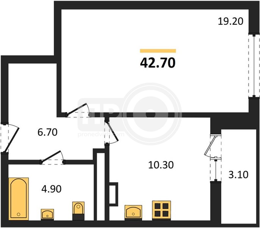 1-комнатная квартира, 42.7кв.м