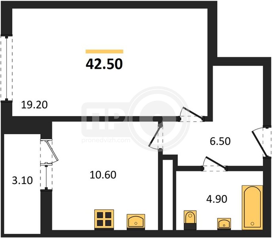 1-комнатная квартира, 42.5кв.м