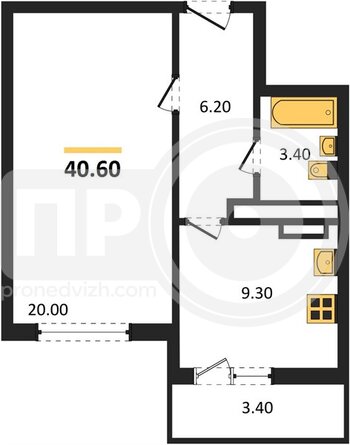 Миниатюра 1-комнатная квартира, 40.5кв.м