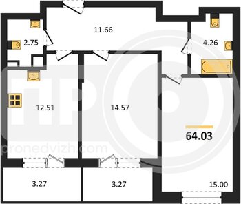 Миниатюра 2-комнатная квартира, 64.03кв.м