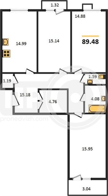 Миниатюра 3-комнатная квартира, 89.48кв.м