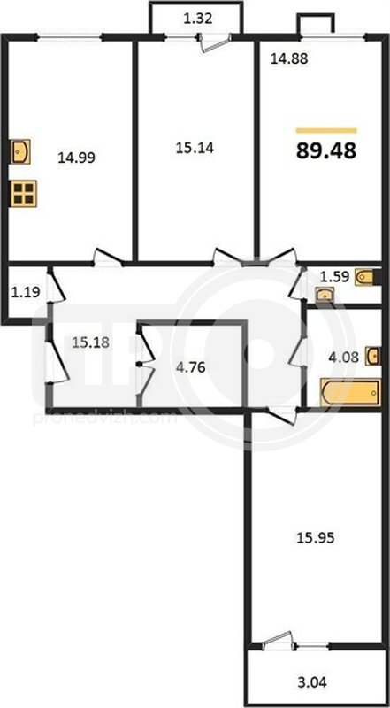 3-комнатная квартира, 89.48кв.м