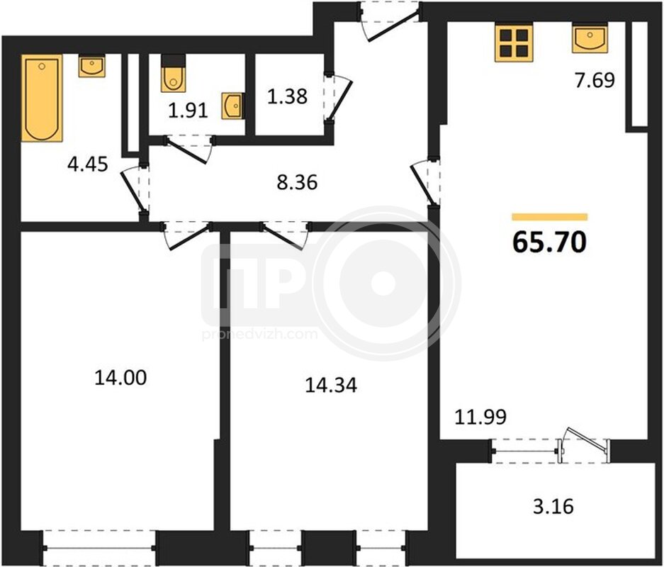 2-комнатная квартира, 65.7кв.м