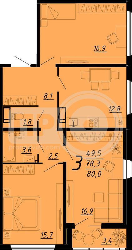 3-комнатная квартира, 79.5кв.м