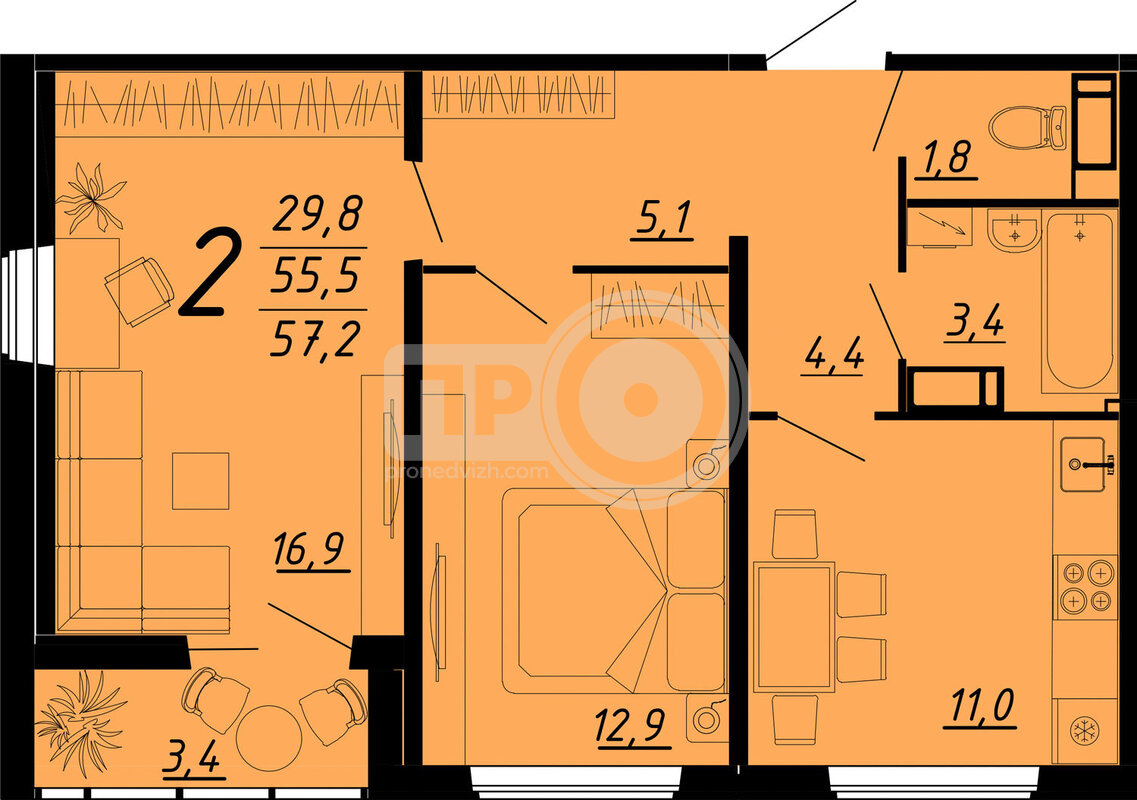 2-комнатная квартира, 57кв.м