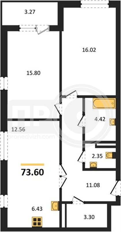 2-комнатная квартира, 73.6кв.м