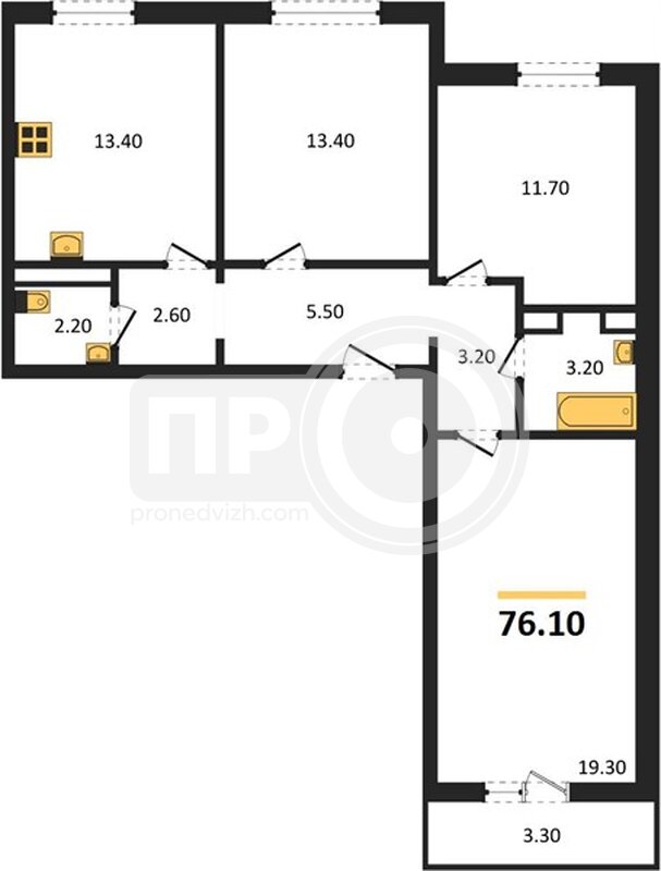 3-комнатная квартира, 76.1кв.м
