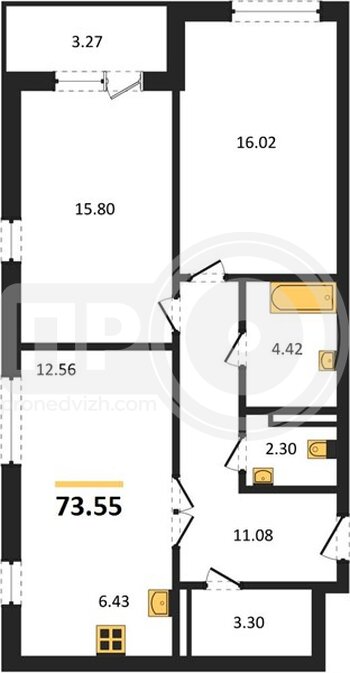 Миниатюра 2-комнатная квартира, 73.55кв.м