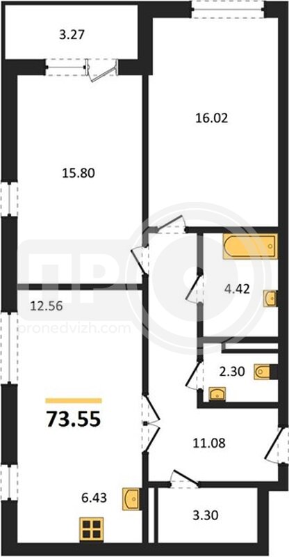 2-комнатная квартира, 73.55кв.м