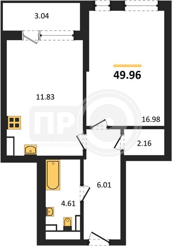 1-комнатная квартира, 49.96кв.м