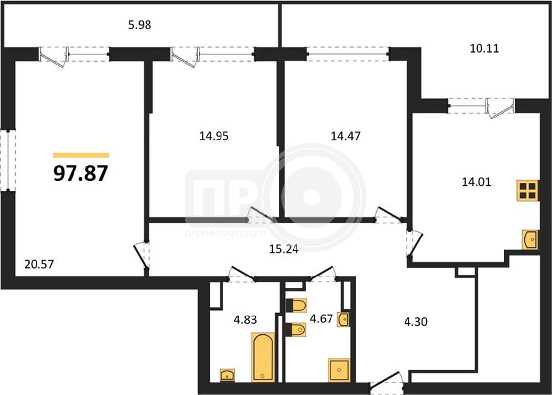 3-комнатная квартира, 97.87кв.м