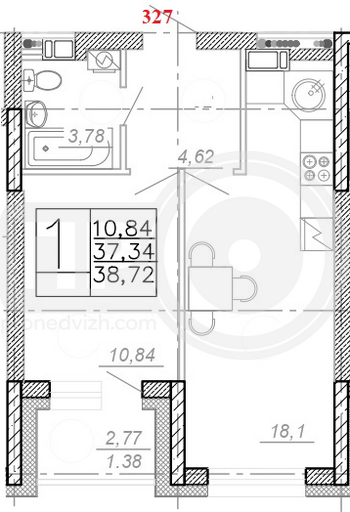 Миниатюра 1-комнатная квартира, 38.36кв.м