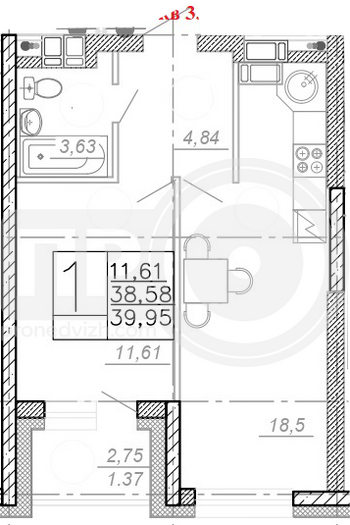 Миниатюра 1-комнатная квартира, 40.04кв.м