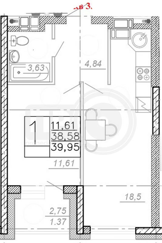 1-комнатная квартира, 40.04кв.м