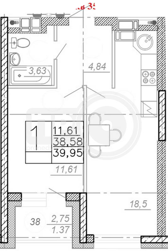 1-комнатная квартира, 40.32кв.м