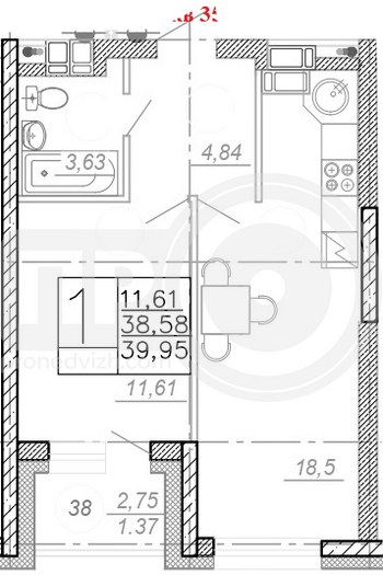 Миниатюра 1-комнатная квартира, 40.32кв.м