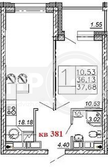 Миниатюра 1-комнатная квартира, 37.68кв.м