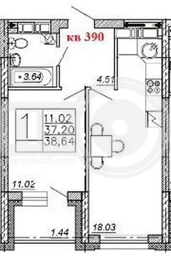 Миниатюра 1-комнатная квартира, 38.64кв.м