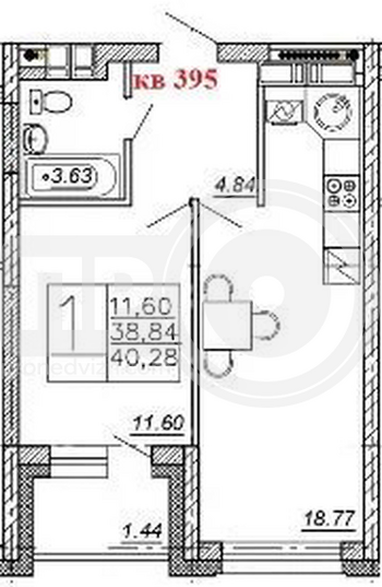 Миниатюра 1-комнатная квартира, 40.28кв.м