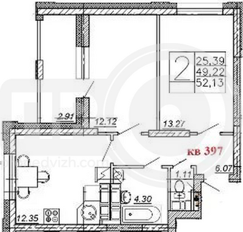 Миниатюра 2-комнатная квартира, 52.13кв.м