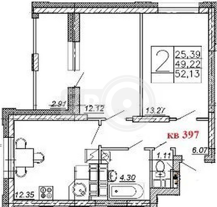 2-комнатная квартира, 52.13кв.м