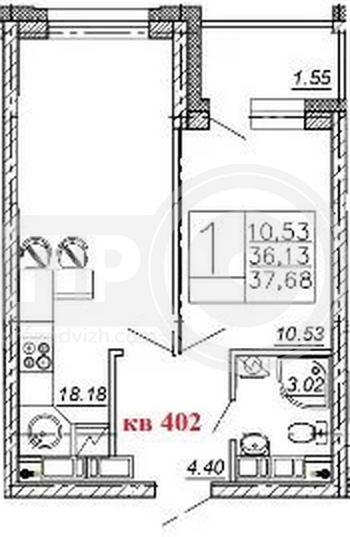 Миниатюра 1-комнатная квартира, 37.68кв.м
