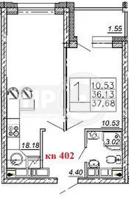 1-комнатная квартира, 37.68кв.м