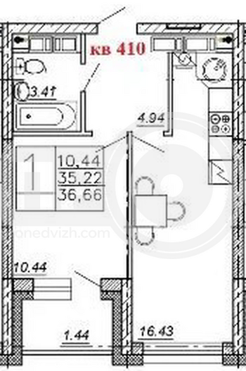 Миниатюра 1-комнатная квартира, 36.66кв.м