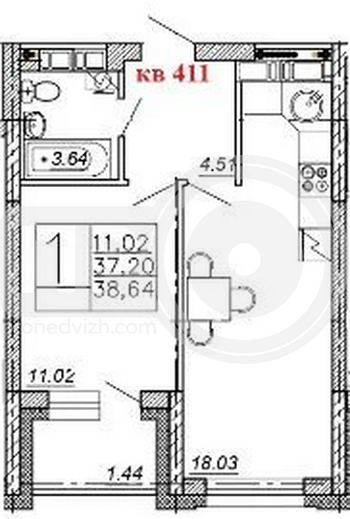Миниатюра 1-комнатная квартира, 38.64кв.м