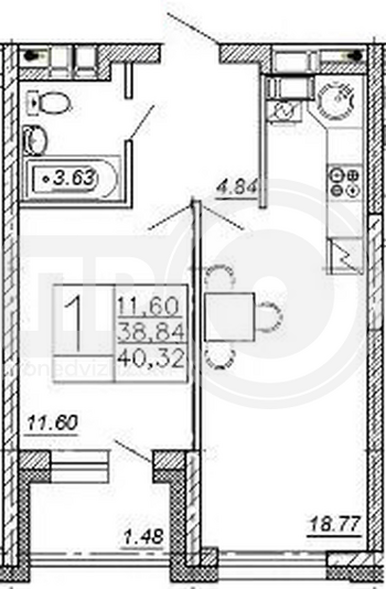 Миниатюра 1-комнатная квартира, 40.32кв.м