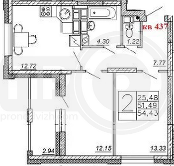 Миниатюра 2-комнатная квартира, 54.43кв.м