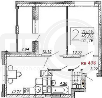 Миниатюра 2-комнатная квартира, 52.76кв.м